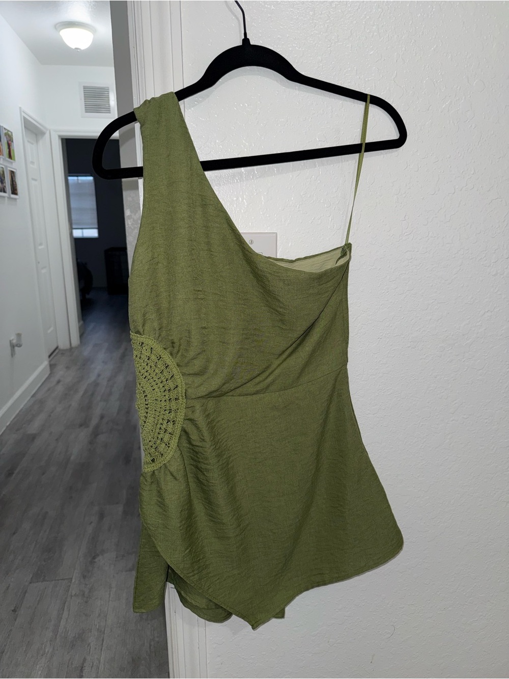 Olive One-Shoulder Crochet Accent Women's Romper